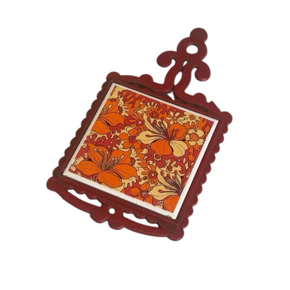 Vintage 60s 70s Cast Iron Trivet Tile Insert Orange Red Floral Holmar Japan